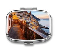 Positano Seaside Sunset Pill Case 2 Compartment Small Pill Box Compact Travel Daily Medicine Organizer Portable Medicine Vitamin Container Fish Oil and Supplement Storage