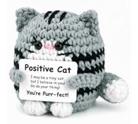 Positive Cat Crochet Animal Gifts, Inspirational Handmade Knitted Doll with Card, Emotional Support Gift Potato, Cute Motivational Crocheting Present for Women Men Friends Family Birthday (Grey)