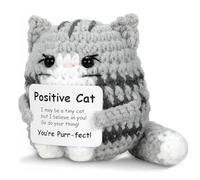 Positive Cat Mini Crochet Emotional Animal Gifts Support Inspirational Handmade Knitted Doll with Card Cute Motivational Crocheting Present for Women Men Friends Family Birthday Decor (Gray Cat)
