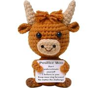 Positive Cow Moo Emotional Support Crochet Cow - Handmade Motivational Desk Accessory & Encouraging Knitted Animal with Uplifting Sign - Funny Pick-Me-Up Gift for Coworkers, Friends, - with FREE STAND