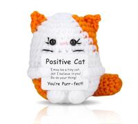 Positive Crochet Cat, Handmade Knitted Cat Plush Doll with Inspirational Card, Funny Emotional Support Gift for for Women Men Home Office Desk Decor