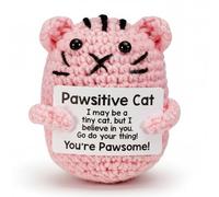 Positive Crochet Cat Mini Animal, Emotional Support Gift, Courage Gift, Inspirational Handmade Knitting Doll, Motivational Creative Knitting Wool Potato Doll, Lucky Charm (Pink)