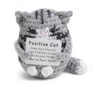 Positive Crochet Cat Mini Animal, Emotional Support Gift, Courage Gift, Inspirational Handmade Knitting Doll, Motivational Creative Knitting Wool Potato Doll, Lucky Charm (Grey)