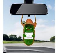 Positive Crochet Pickle Car Mirror Hanging Accessories, Cute Car Accessories Interior, Emotional Support Gift for Her Him, Handmade Knitted Cowboy Hat Cucumber Pendant for Rear View Mirror, Green