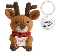 Positive Emotion Support Crochet Christmas Elk, Handmade Knitted Doll with Keychain, Home Office Desk Christmas Decor, Reindeer Birthday Xmas Inspirational Gifts for Parents Friend Lover Coworker