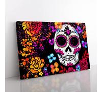 Positive Floral Sugar Skull Canvas Wall Art Print Ready to Hang, Framed Picture for Living Room Bedroom Home Office Décor, 50x35 cm (20x14 Inch)