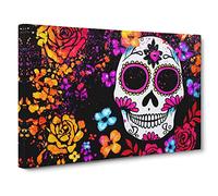 Positive Floral Sugar Skull Canvas Wall Art Print Ready to Hang, Framed Picture for Living Room Bedroom Home Office Décor, 30x20 Inch (76x50 cm)