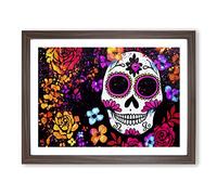 Positive Floral Sugar Skull Framed Print | A2 Walnut Framed Wall Art | Ready to Hang | Modern Skull Picture | Living Room Bedroom Lounge Office