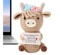 Positive Highland Cow Crochet Animals - Small Crochet Highland Cow Toy, Support Knitted Doll Decorative Figurines With Inspirational Card For Desks Shelves Bedside Tables