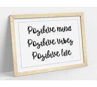Positive Mind Life Vibes, Inspirational Quote - Framed Wall Art Print Picture - A4 - Light Oak Frame