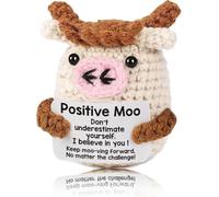 Positive Moo Emotional Support Crochet Cow - Handmade Motivational Desk Accessory & Encouraging Knitted Animal with Uplifting Sign - Funny Pick-Me-Up Gift for Coworkers, Friends, - with FREE STAND