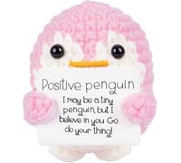 Positive Penguin, 2.6 Inch Knitted Toy, Handmade Mini Funny Crochet Doll with Positive Cards, Encouraging Gift for Home & Office Decor (Pink)