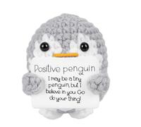 Positive Penguin Plush Toy, Motivational Message, Grey Knitted, 6.5 cm