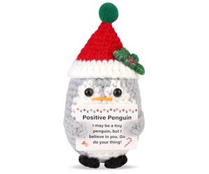 Positive Penguin with Santa Hat, Emotional Support Crochet Penguin with Scarf Christmas Crochet Animal Xmas Crochet Doll for Holiday Party Plush Decoration Encouragement Toy Gift