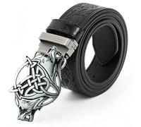 POSKLA Men Celtic Wolf Head Belt, Retro Engraved Embossed Leather Belt, Classic Prong Buckle Casual Cowboy Dress Belt