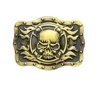 POSKLA Skull Head Belt Buckle For Mens Western Cowboy, Burnning Fire Skull/ Gold, Middle