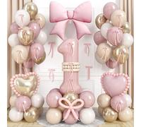 Posoto 1st birthday decorations for girls - Blush & Boho Balloon Kit with Bow & Heart Foil Balloons - 50Pcs Pink Gold White Latex Balloons for 1 Year Old Party
