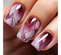 Posoto 24Pcs Medium Square Press on Nails - Burgundy Marble, Removable Full Cover Fake Nails for Women & Girls, Nail Art Accessories