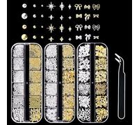 Posoto 3D Nail Art Set: Luxurious 3-Box Collection - Gold & Silver Nail Gems with Tweezers - Includes Bows, Stars, & Pearls for DIY Manicure Accessories