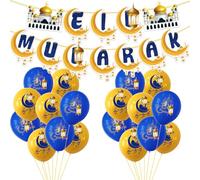 Posoto Eid Decorations, Eid Mubarak Banner Bunting with 20pcs Balloons - Eid Banner Balloons Decoration for Home, Eid Decorations Umrah Mubarak Party Decoration