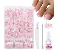 Posoto French Toe Nails - 240pcs Short Square False Toenails - French Tip Pink Fake Nails With Glue Set - Acrylic Full Cover Stick On Toenails - Glossy Press On Toes Nails For Women Girls