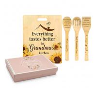 Posoto Grandma Birthday Gifts, Bamboo Chopping Board Set with Spoons | Includes engraved bamboo board & spoons. Ideal for light food prep or kitchen display. Meaningful gift for grandma.