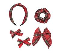 Posoto Tartan Hair Accessory Set - 5-Piece Red Plaid Collection with Headband, Bow Clips, Scrunchie, Burns Night & Festive Hair Decor