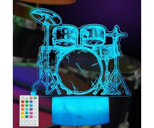 POSSHE Drum Night Light, Gifts for Drummers, Drummer 3D Illusion Lamp, 16 Color Changes, Timer, 4 Flashing Modes and Dimmable, Children's Room Music Instrument Shop