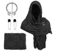 Post Apocalyptic Shawl Scarf Shaman Cowl Medieval Costume Dune Costume Desert Wasteland Hooded Shawl Scarf Brooch Paperclip Medieval Viking Half Cape Renaissance Outfit (Black Gray)