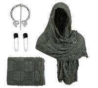 Post Apocalyptic Shawl Scarf Shaman Cowl Medieval Costume Dune Costume Desert Wasteland Hooded Shawl Scarf Brooch Paperclip Medieval Viking Half Cape Renaissance Outfit (Blackish Green)