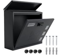 Post Box, Wall Mounted Letterbox, Galvanized Steel Mail Box with Combination Lock, 3 Viewing Windows, Nameplate, Waterproof Outdoor Post Box Wall Mounted, 35 x 30 x 10 cm, BLACK
