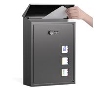 Post Boxes Wall Mounted Waterproof, Modern Delivery Letter Box for Outside Wall with Combination Lock, Viewing Windows, Rain Cover, Steel Mail Box, Lockable Large Letterbox, 40x25x10cm Black