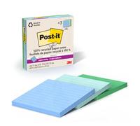 Post-it 100% Recycled Paper Super Sticky Notes, 2X The Sticking Power, 4x4 in, 3 Pads, 70 Sheets/Pad, Oasis Collection (675R-3SST)