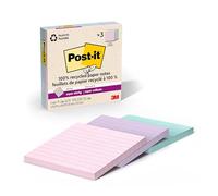 Post-it 100% Recycled Paper Super Sticky Notes, 2X The Sticking Power, 4x4 in, Lined, 3 Pads, 70 Sheets/Pad, Wanderlust Pastels Collection (675R-3SSNRP)