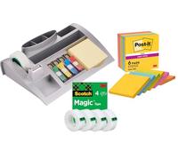 Post-it Desk Organiser with Stationery, Scotch Magic Tape 4 Rolls (19 mm x 33 m) + Post-it Super Sticky Notes, 6 Pads - Home, School and Office Supplies Set for Workflow, Labelling and Note Taking
