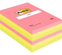Post-It Large Notes, Assorted Neon Colours, Lined, 101 mm X 152 mm, 100 Sheets/pad, 6 Pads - Self-Stick Notes For Note Taking, To