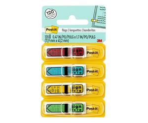 Post-it Message Flags, Sign Here, Assorted Colors, Bold Arrow Points Precisely Where You Need a Document Signed, .47 in. Wide, 30/Dispenser, 4 Dispensers/Pack, (684-SH)