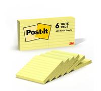 Post-it Notes Canary Yellow, Lined - 6 Pads 76 mm x 76 mm, 100 Sheets per Pad - Extra Sticky Notes for Walls, Monitors and Fridge