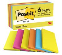Post-it Notes Energetic Color Collection, Pack of 6 Pads, 100 Sheets per Pad, 76 mm x 127 mm, Yellow, Blue, Orange, Pink, Green Colors - Self-Stick Notes for Note Taking, to Do Lists & Reminders