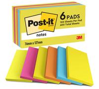 Post-It Notes Energetic Color Collection, Pack Of 6 Pads, 100 Sheets Per Pad, 76 mm X 127 mm, Yellow, Blue, Orange, Pink, Green