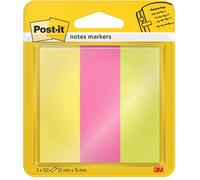 Post-it Notes Markers, 3 Pads (300 Sheets), 25 x 76 mm, Green, Pink, Yellow | To Mark, Highlight or Colour Code Important Information, Stick Securely, Repositionable, Remove Cleanly, Writable on