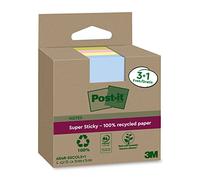 Post-it Super Sticky 100% Recycled Notes, Pack of 3+1 Free Pads, 70 Sheets per Pad, 76 mm x 76 mm, Pink, Green, Yellow, Blue - Extra Sticky Notes Made from 100% Recycled Paper