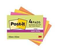 Post-it Super Sticky Notes 203 x 152 mm Assorted Rectangular Plain 4 Pads of 45 Sheets