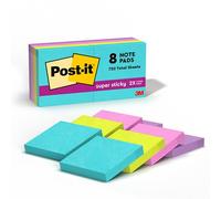 Post-it Super Sticky Notes, 2x Sticking Power, 2" x 2", Miami Collection, 8 Pads per Pack, 90 Sheets per Pad (622-8SSMIA)