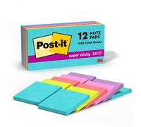 Post-it Super Sticky Notes, 3 in. x 3 in., Miami Collection, 12 Pads/Pack, 90 Sheets/Pad Blue, Green, Orange, Pink, Red 90 Sheets Self-Adhesive Pouch