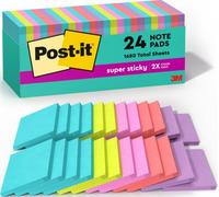 Post-it Super Sticky Notes, 3 in. x 3 in., Miami Collection, 24 Pads/Pack, 70 Sheets/Pad Blue, Green, Orange, Pink 70 Sheets Self-Adhesive Pouch