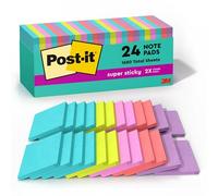 Post-it Super Sticky Notes, 3 in. x 3 in., Miami Collection, 24 Pads/Pack, 70 Sheets/Pad Blue, Green, Orange, Pink 70 Sheets Self-Adhesive Pouch