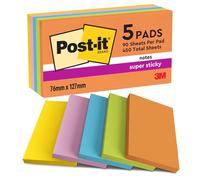 Post-it Super Sticky Notes, Double The Sticking Power, 5 Pads, 450 Sheets, 76 mm x 127 mm, Blue, Green, Orange, Pink, Yellow Colors - Self-Sticking Notes for Walls, Monitors and Fridge