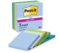 Post-it Super Sticky Notes, 450 Sheets, Pack of 5 Pads, 76 mm x 76 mm - Holds Strong to Many Surfaces - Blue, Green - for Walls, Monitors and Fridge, Recycable