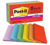 Post-it Super Sticky Notes Playful Color Collection, Pack of 6 Pads, 90 Sheets per Pad, 76 mm x 127 mm, Red, Orange, Yellow, Green, Blue, Purple - Extra Sticky Notes for Note Taking & to Do Lists